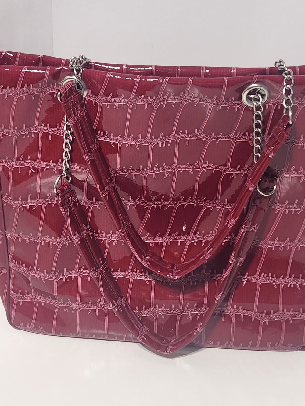 Patent Croc-Embossed Tote Bag in Deep Berry with Chain Straps